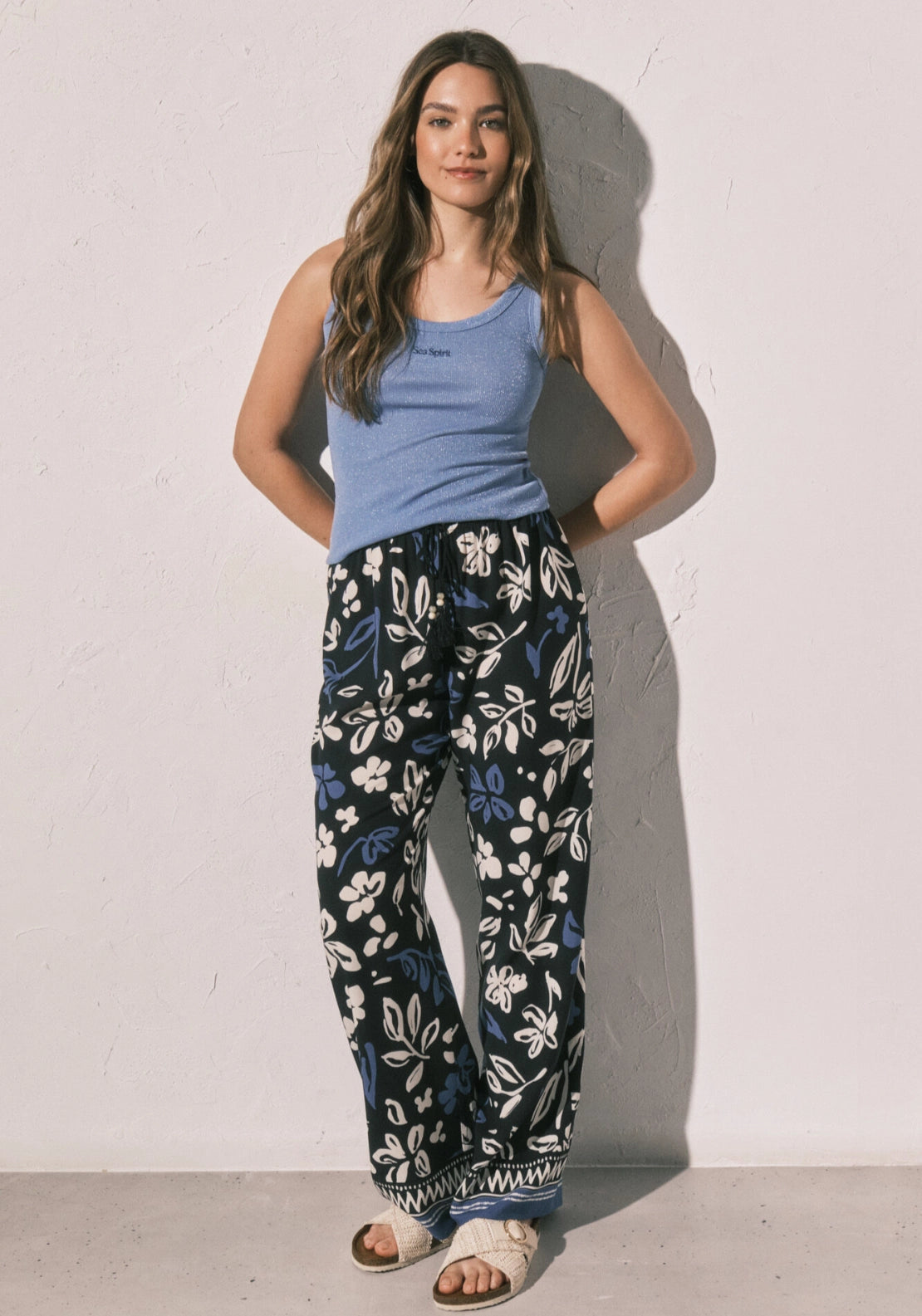 Floral Print Long Trousers - Blue