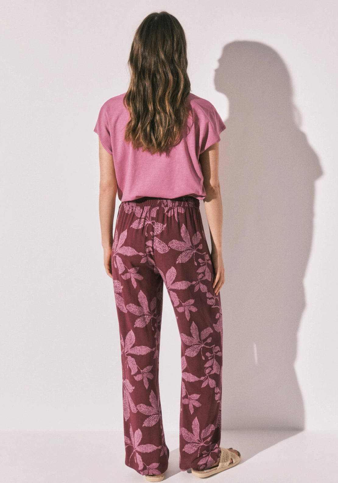 Floral Print Long Trousers - Wine