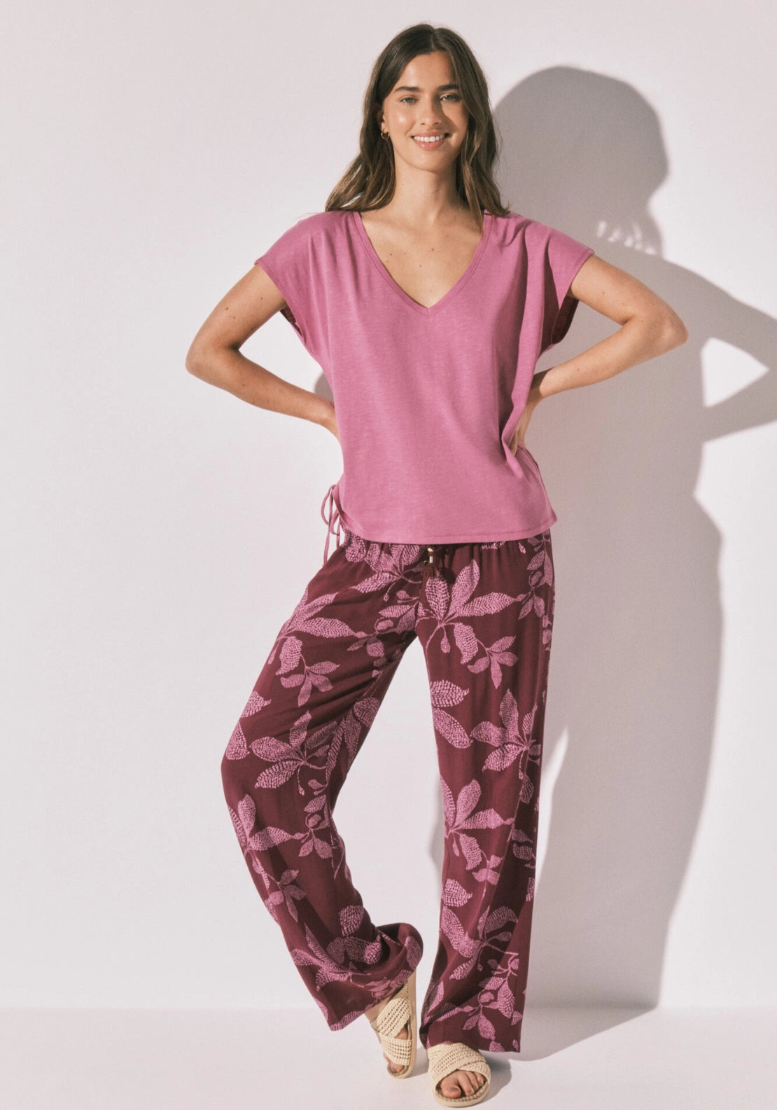 Floral Print Long Trousers - Wine