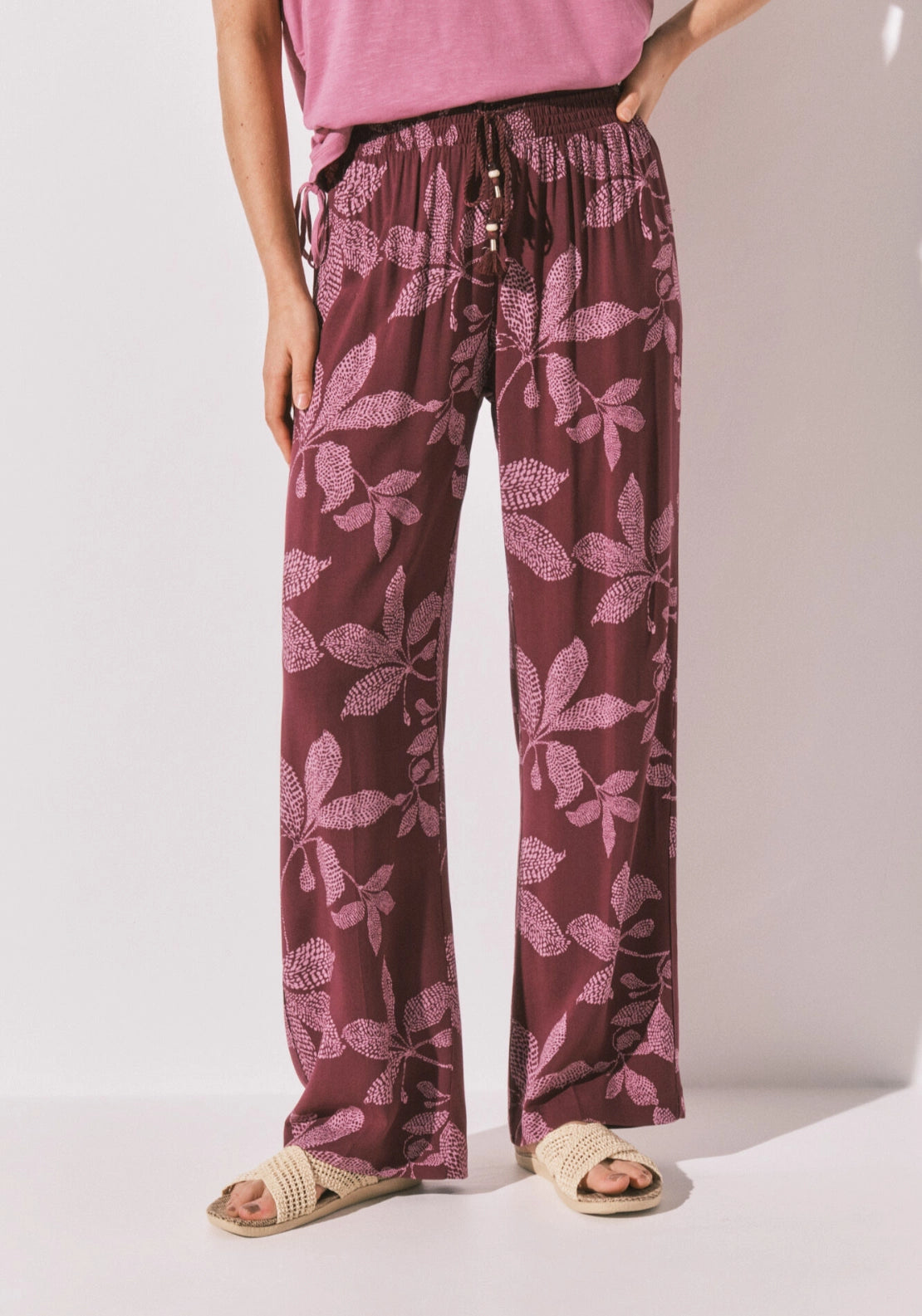 Floral Print Long Trousers - Wine