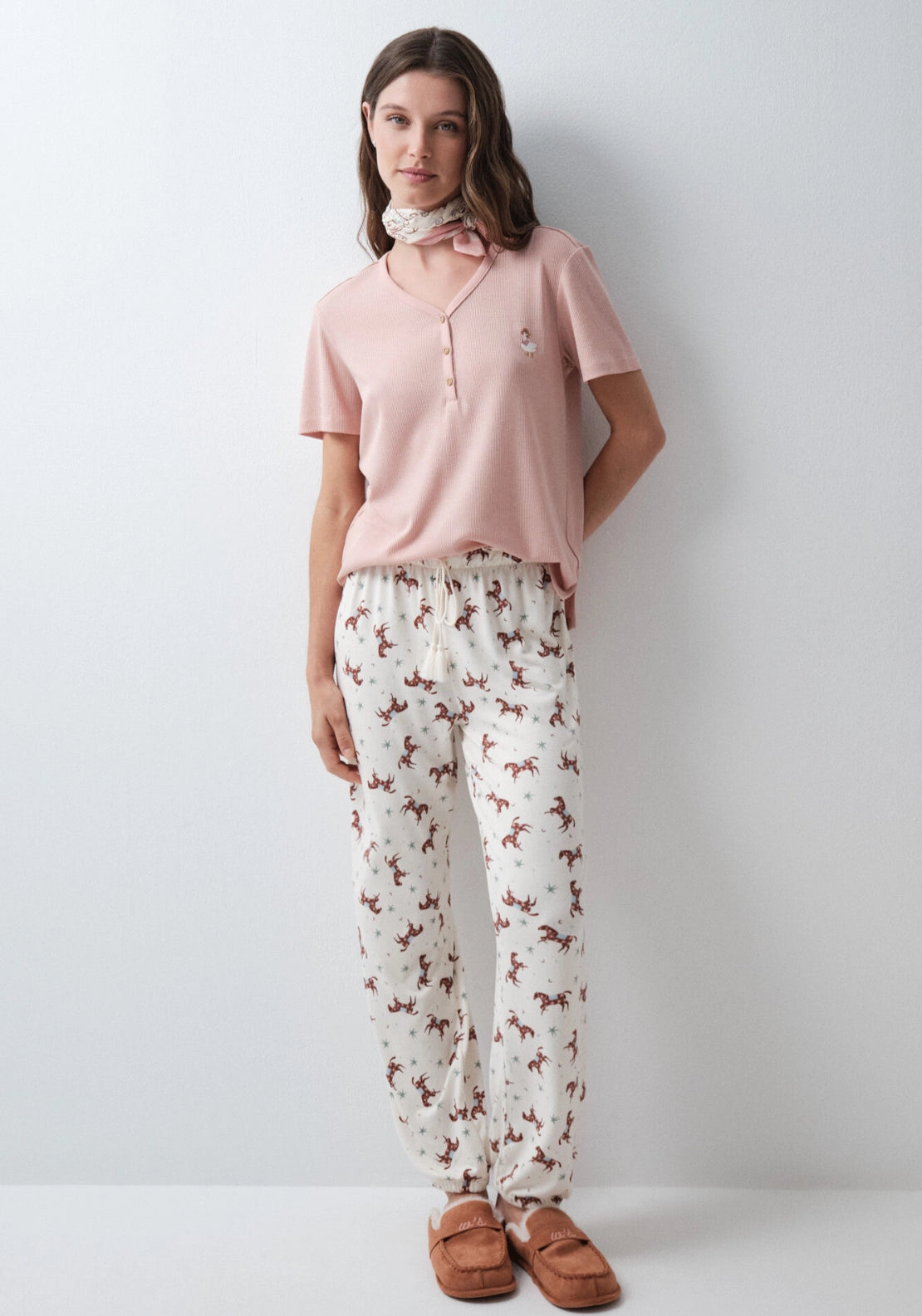 Printed Horse Long Pyjama Trousers - White