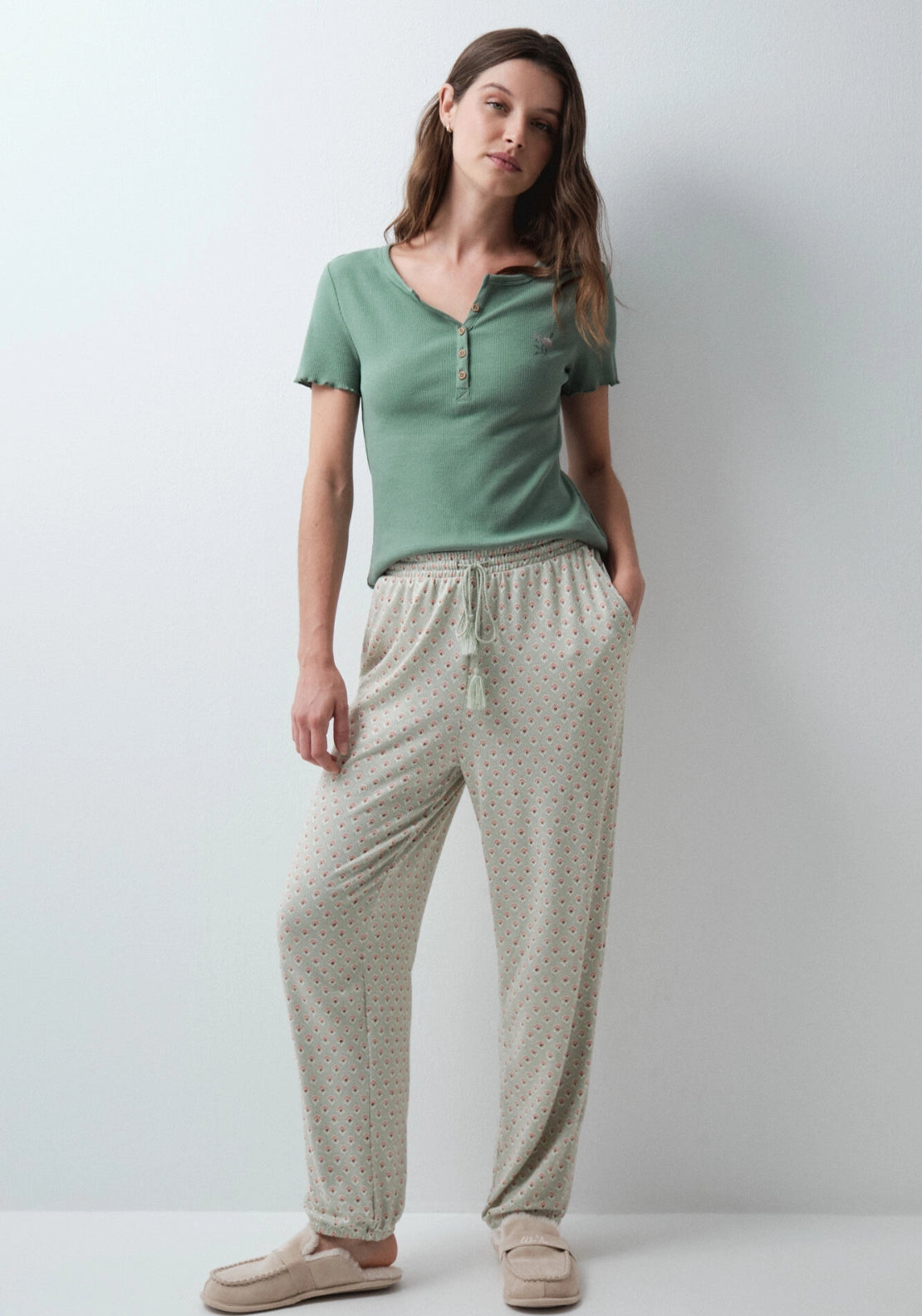 Aqua Green Print Long Pyjama Trousers - Green