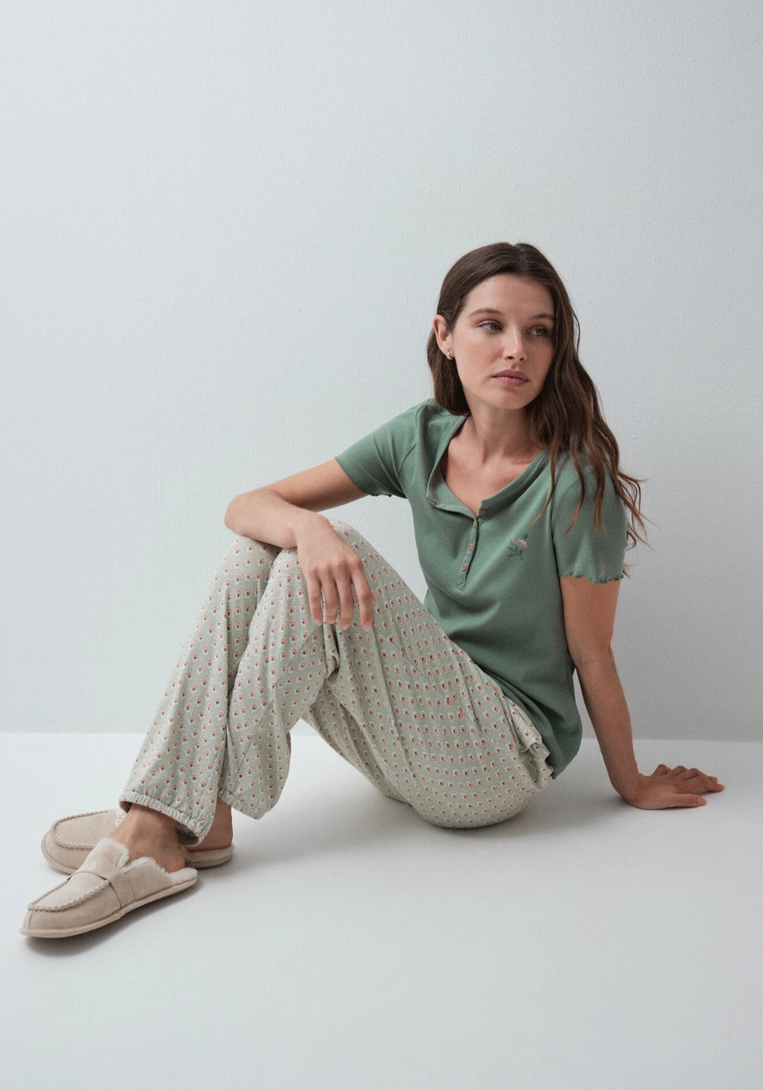 Aqua Green Print Long Pyjama Trousers - Green