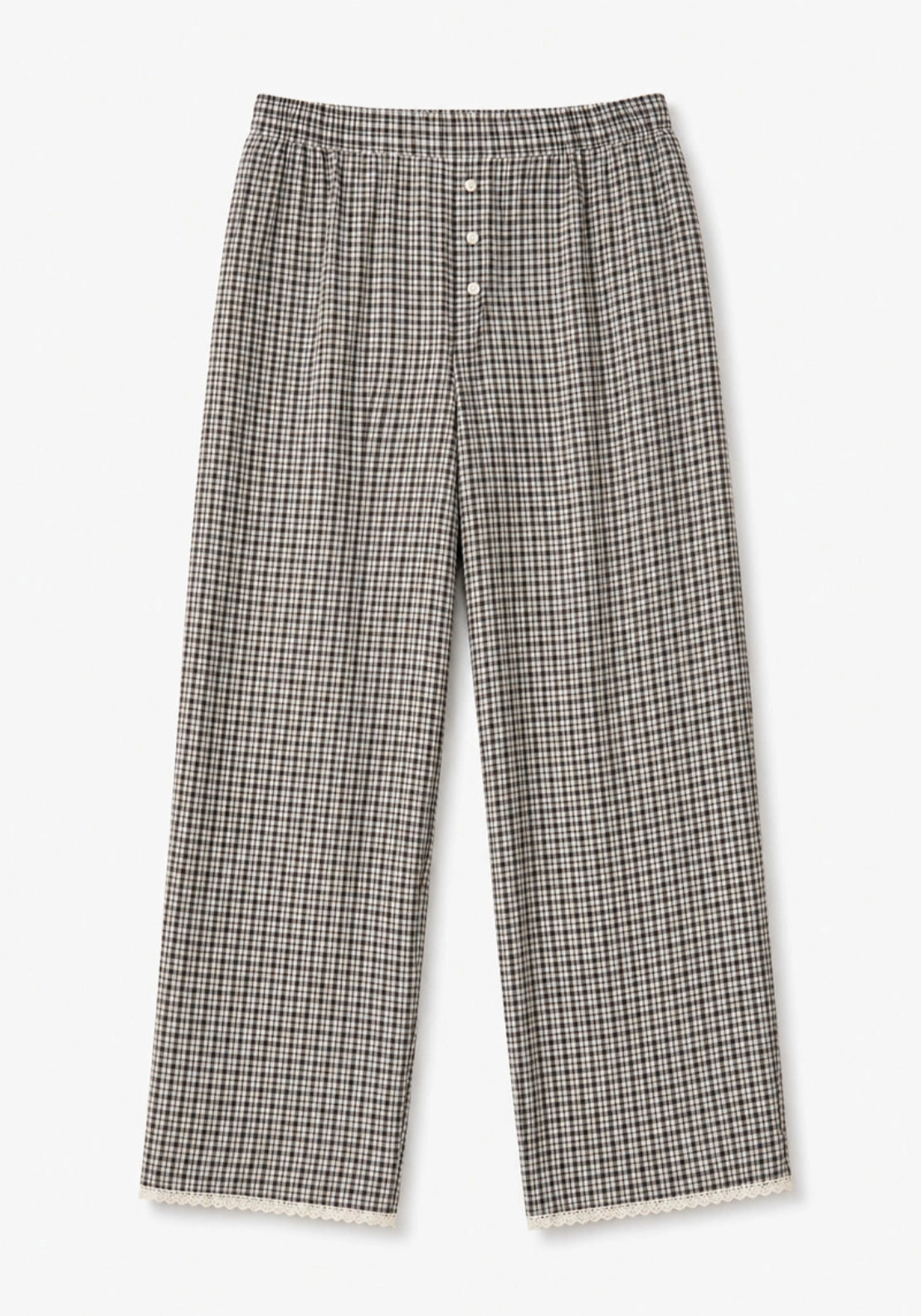 Plaid Capri Trousers with Lace Hems - Black
