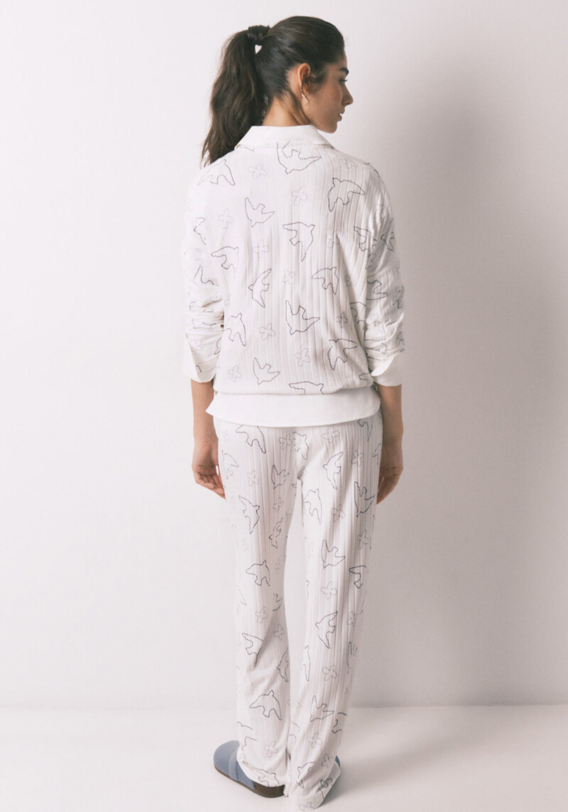 Womensecret Ribbed Sued Bird Print Long Pyjamas - White 2 Shaws Department Stores