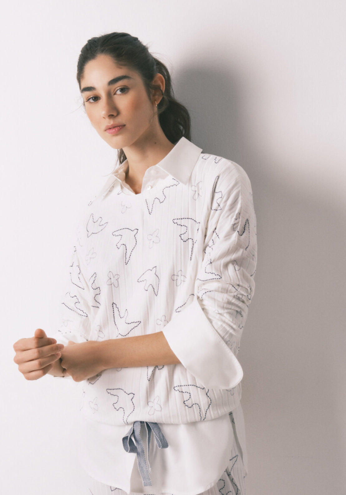 Womensecret Ribbed Sued Bird Print Long Pyjamas - White 4 Shaws Department Stores