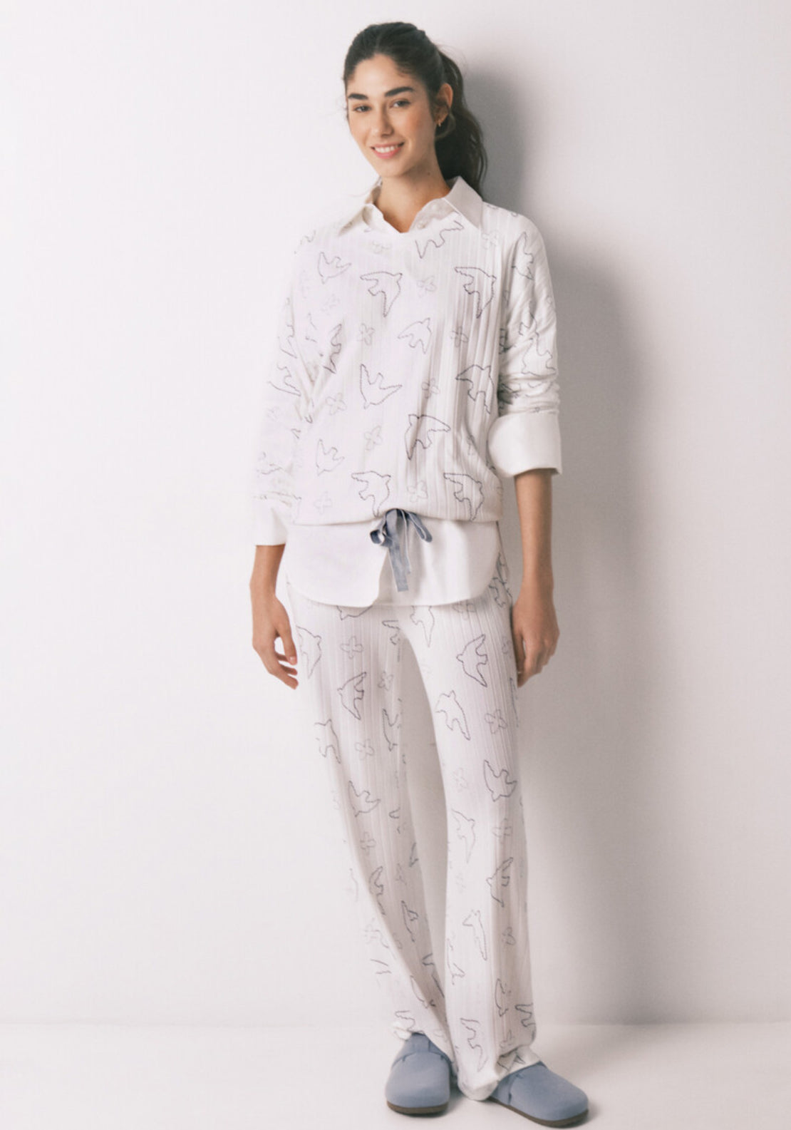 Womensecret Ribbed Sued Bird Print Long Pyjamas - White 1 Shaws Department Stores