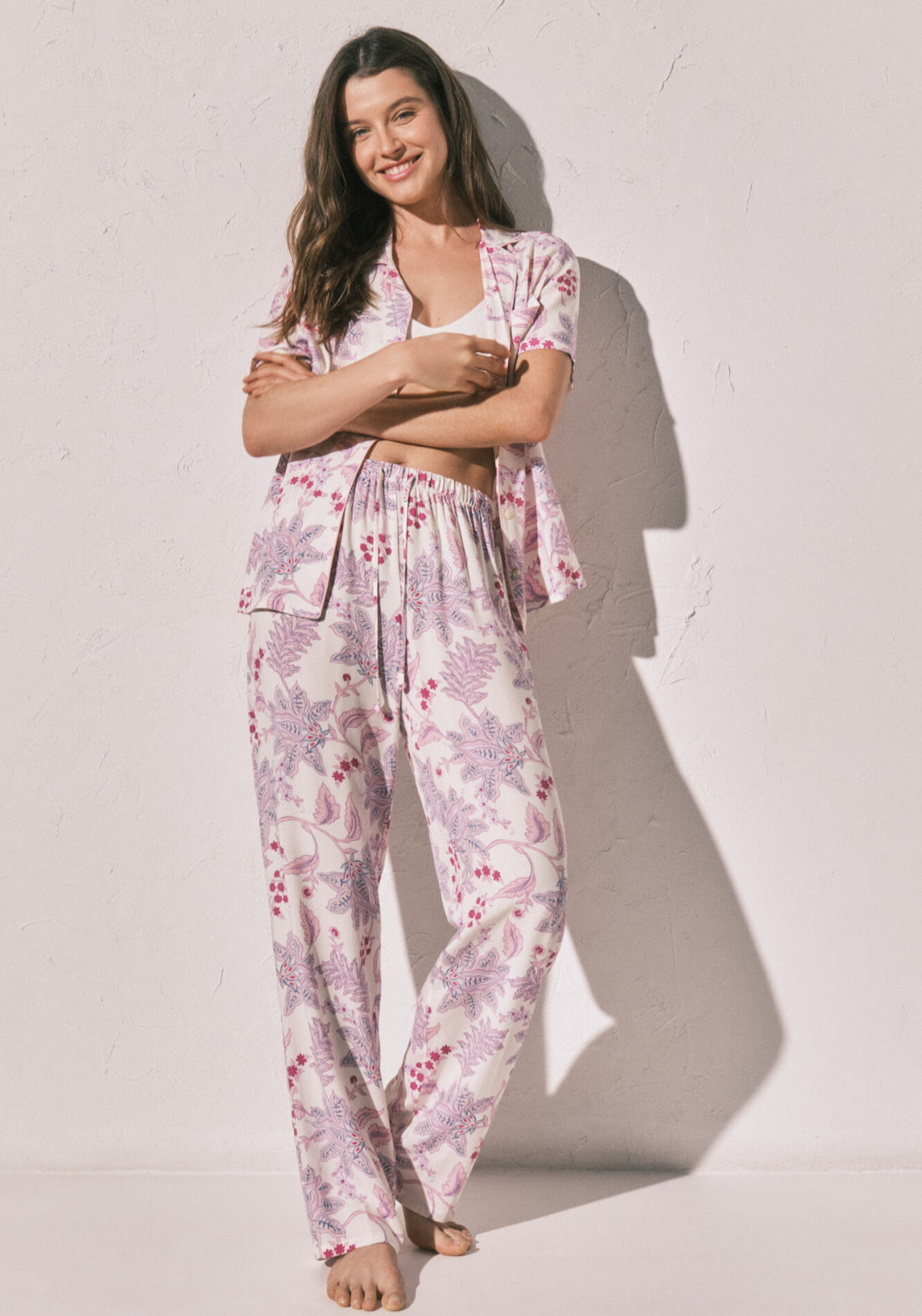 Floral Print Classic Long Pyjamas - White