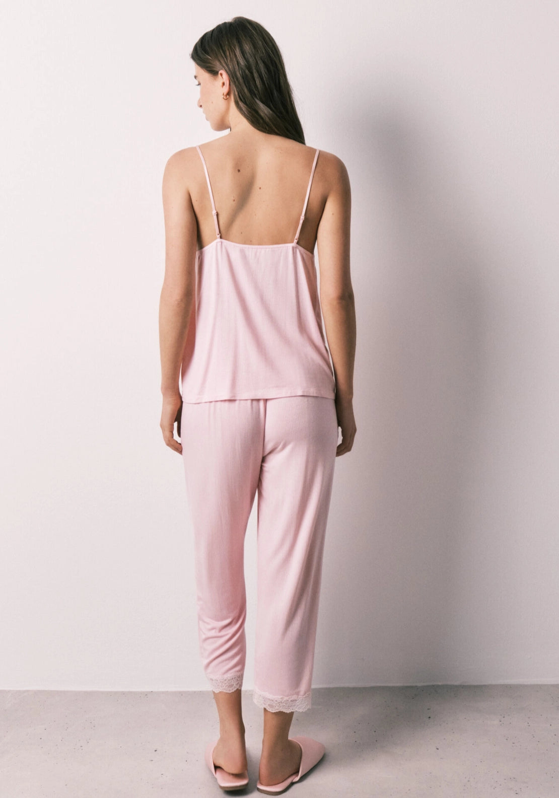 Viscose &amp; Lace Capri Pyjama Set - Pink