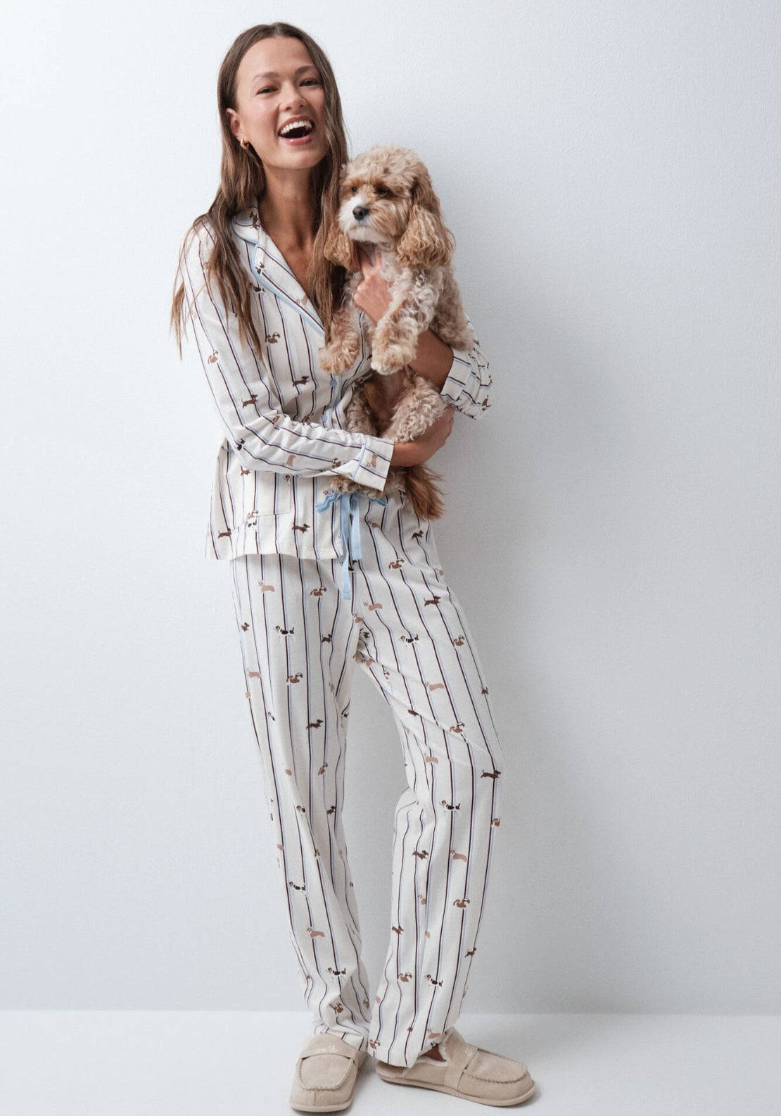 Striped Dog Print Classic Pyjamas - White