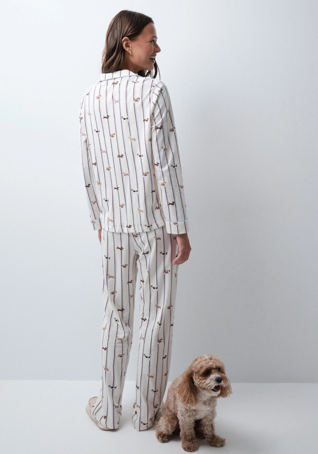Striped Dog Print Classic Pyjamas - White