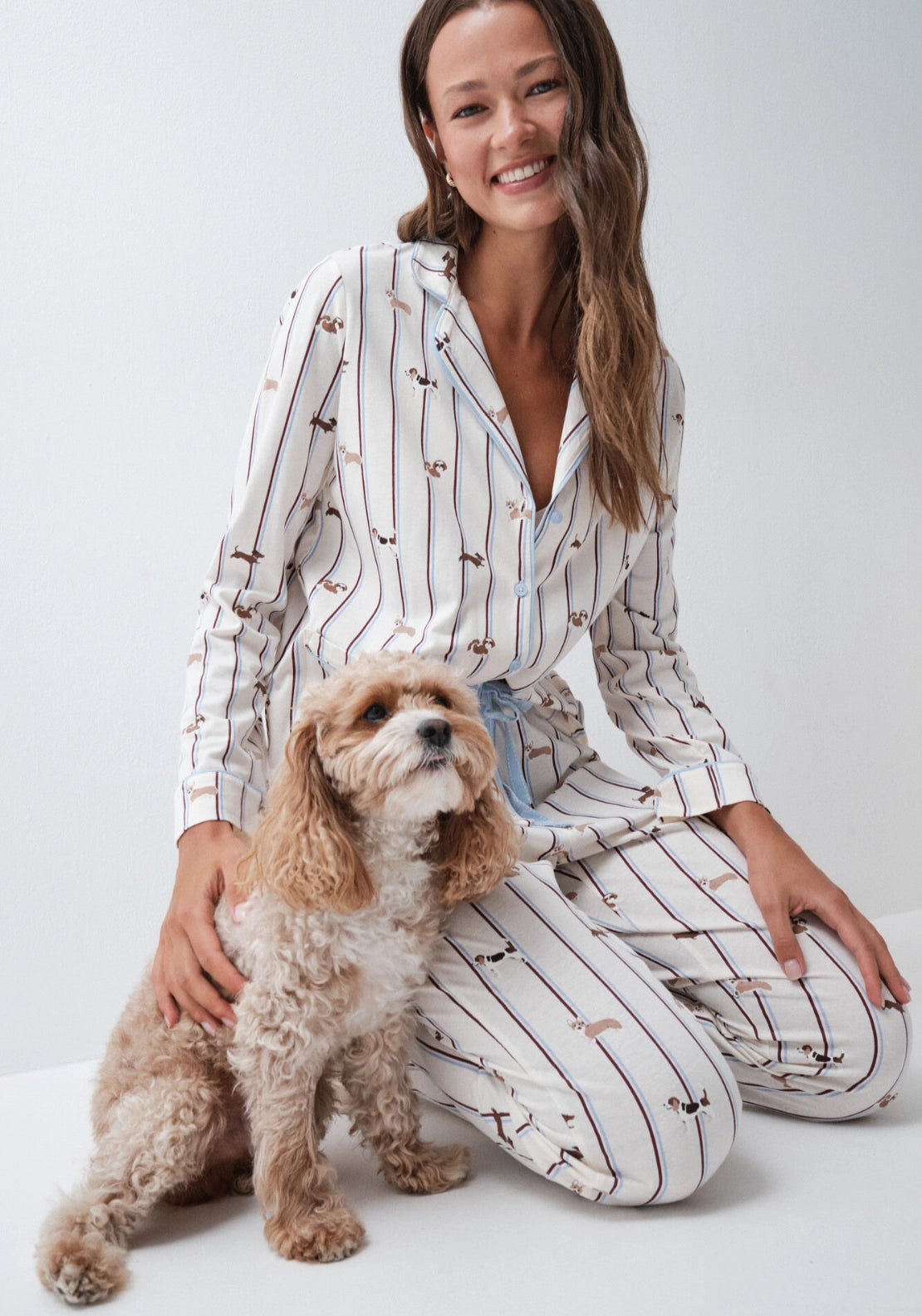 Striped Dog Print Classic Pyjamas - White