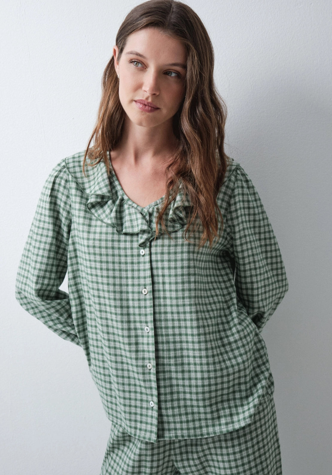 Plaid Long Pyjamas With Ruffles - Green