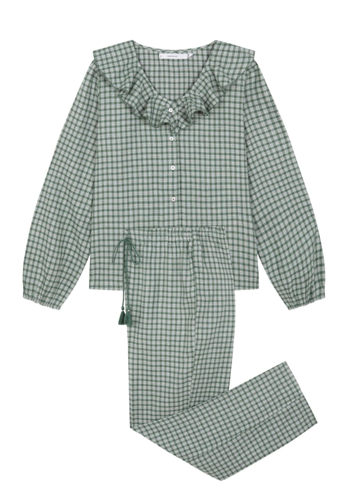 Plaid Long Pyjamas With Ruffles - Green