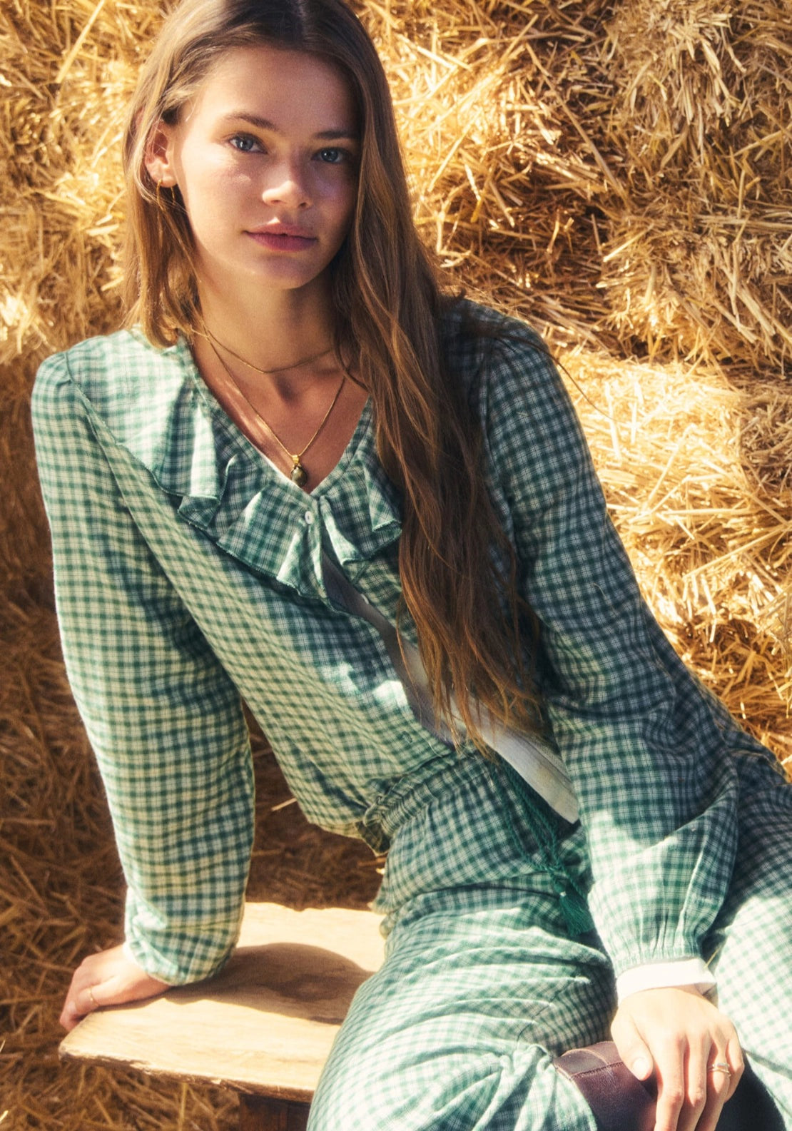 Plaid Long Pyjamas With Ruffles - Green