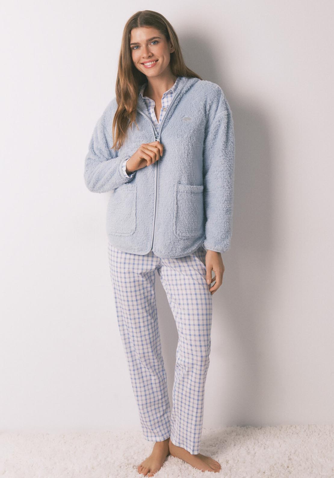 Short Robe In Blue Lurex Plush Fabric - Blue