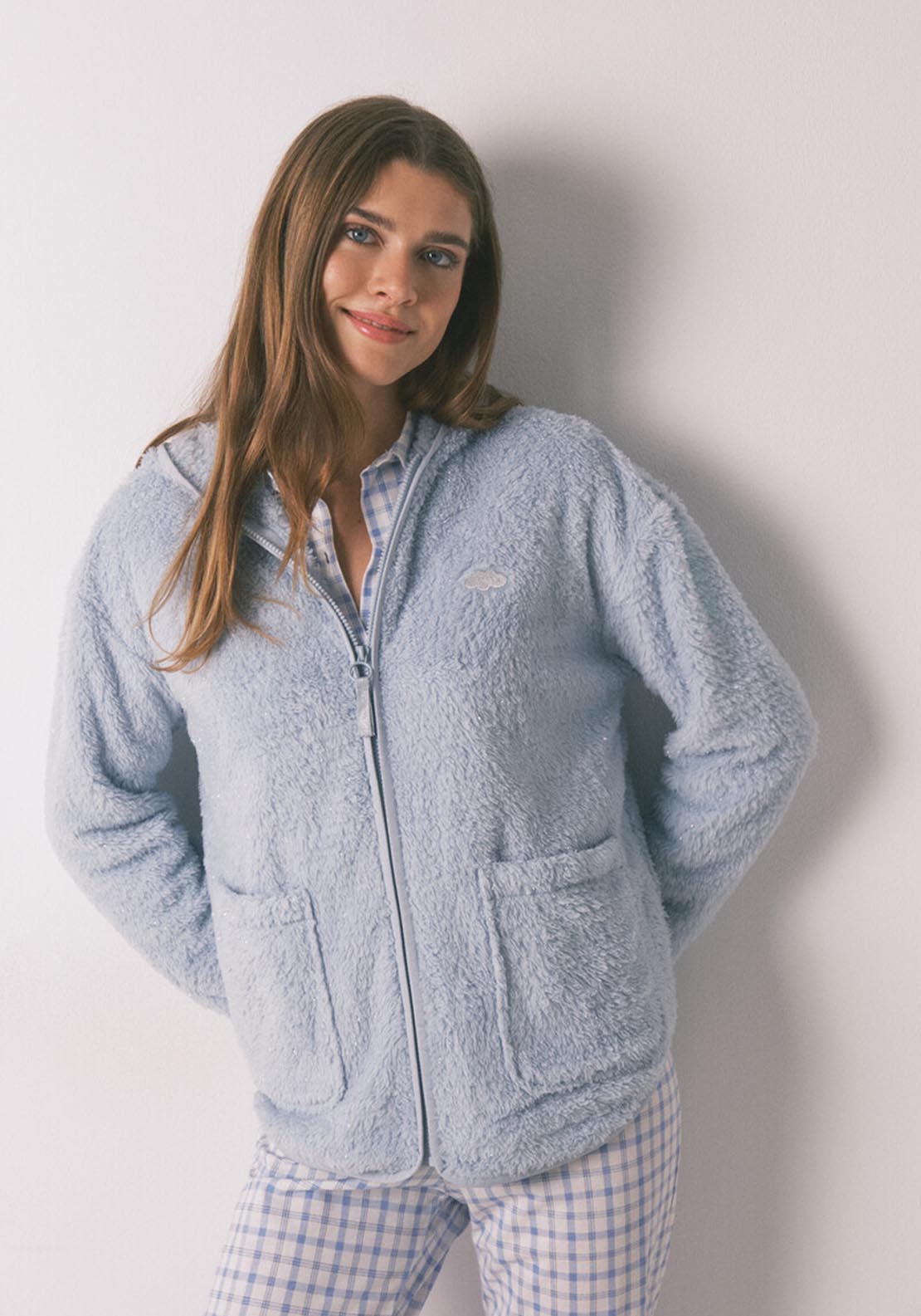 Short Robe In Blue Lurex Plush Fabric - Blue