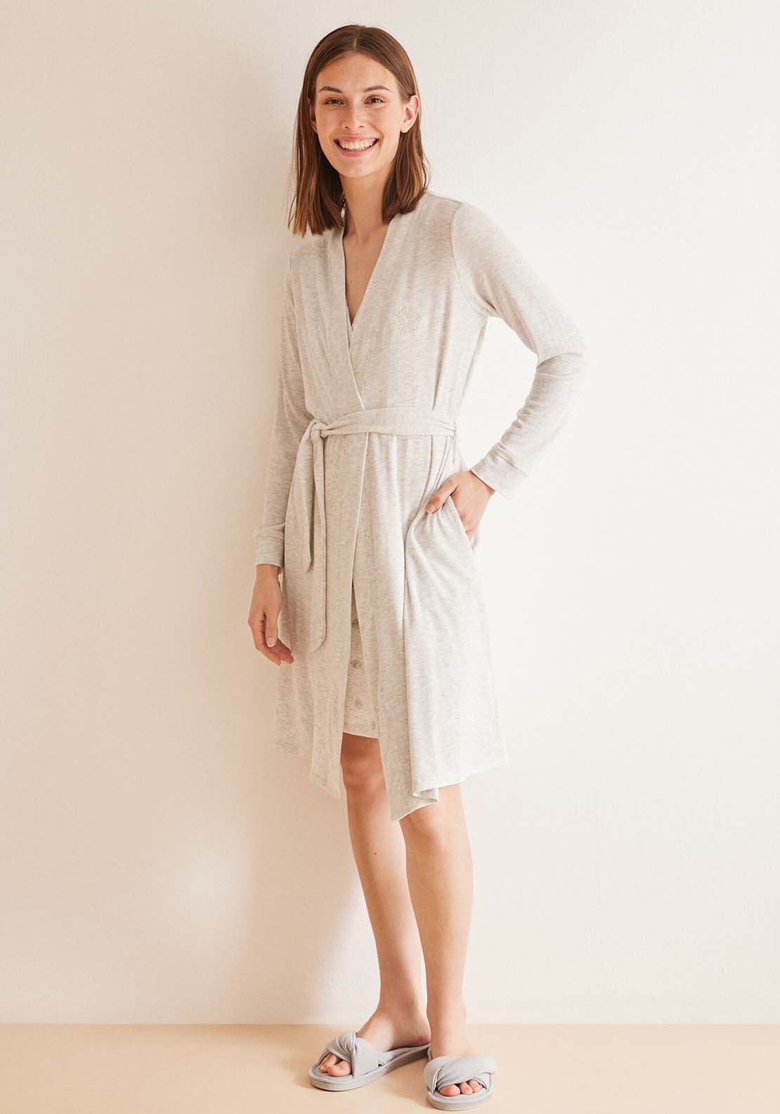 Womens Secret Grey long-sleeved midi robe - Grey 1 Shaws Department Stores