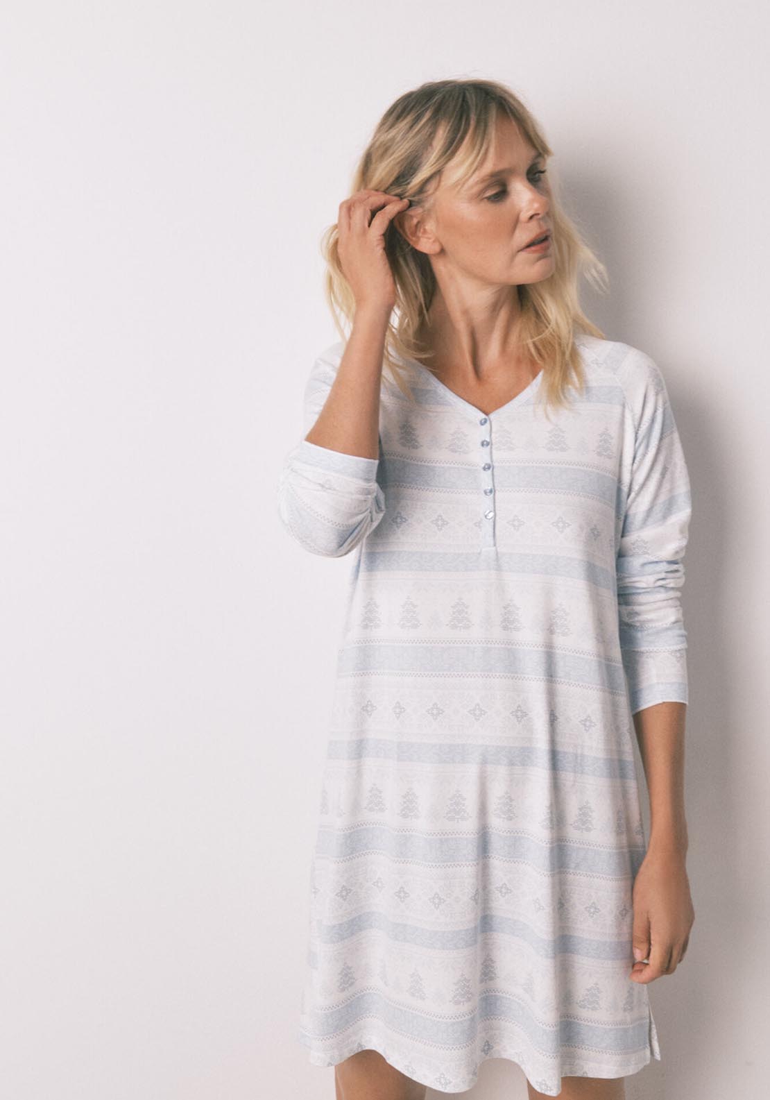 Womensecret Long Sleeves Short Nightdress - Blue 1 Shaws Department Stores