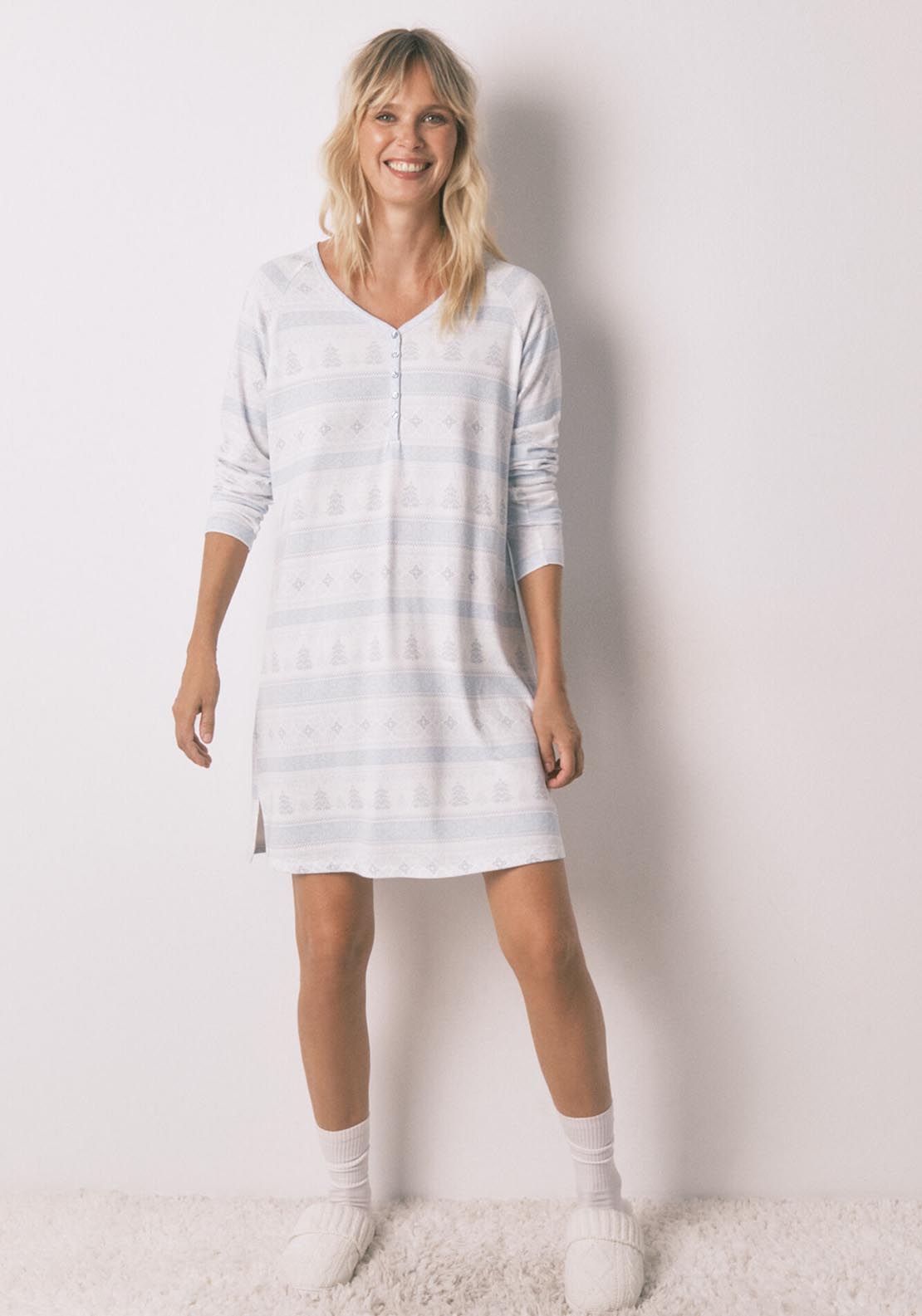 Womensecret Long Sleeves Short Nightdress - Blue 4 Shaws Department Stores