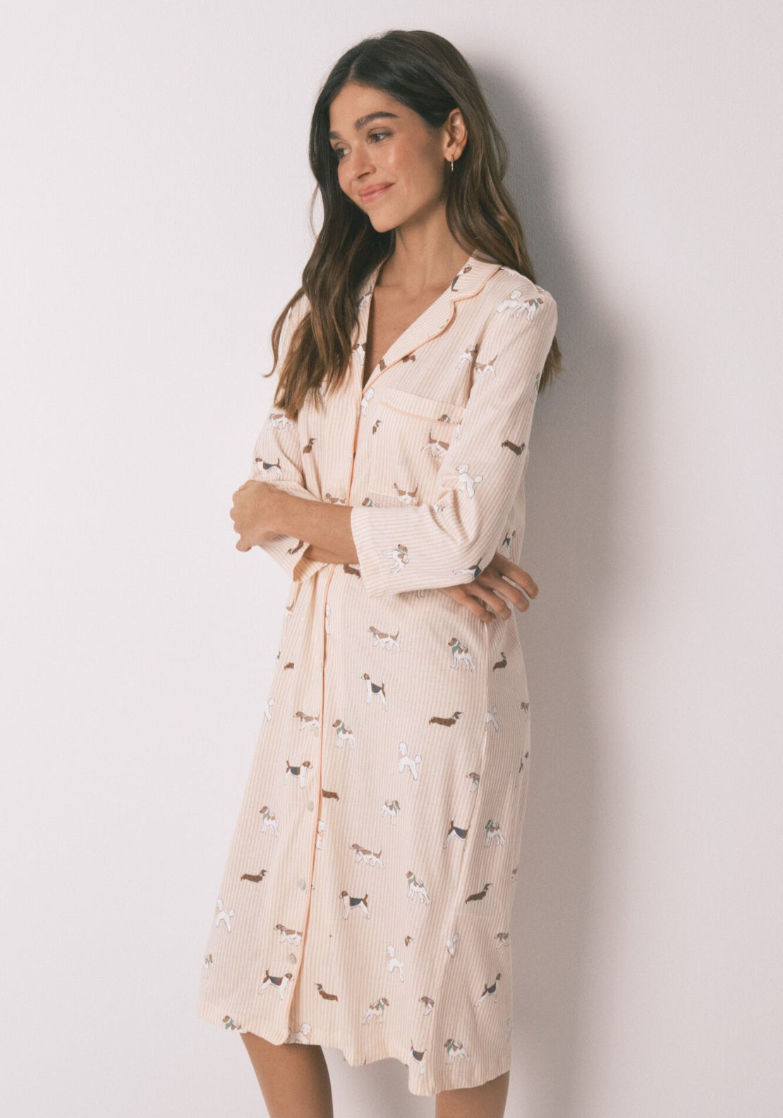 100% Cotton Striped And Dog Print Midi Nightgown - Orange
