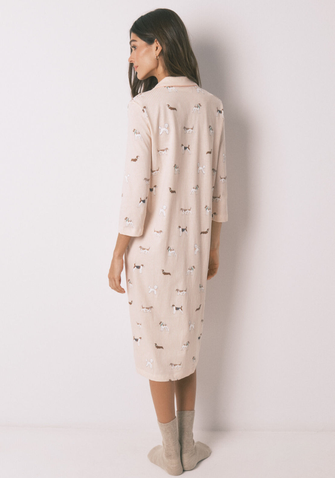 100% Cotton Striped And Dog Print Midi Nightgown - Orange