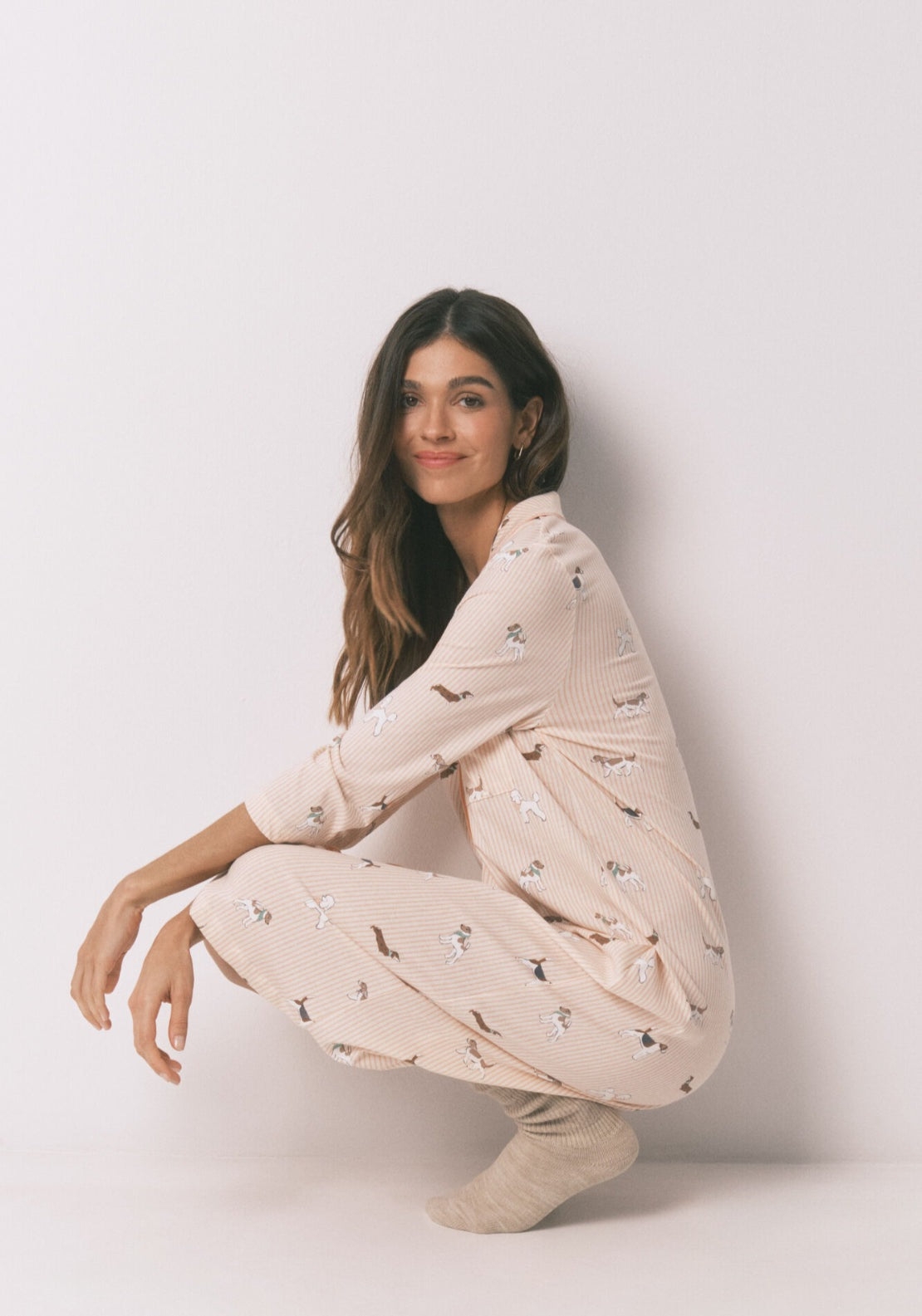 100% Cotton Striped And Dog Print Midi Nightgown - Orange