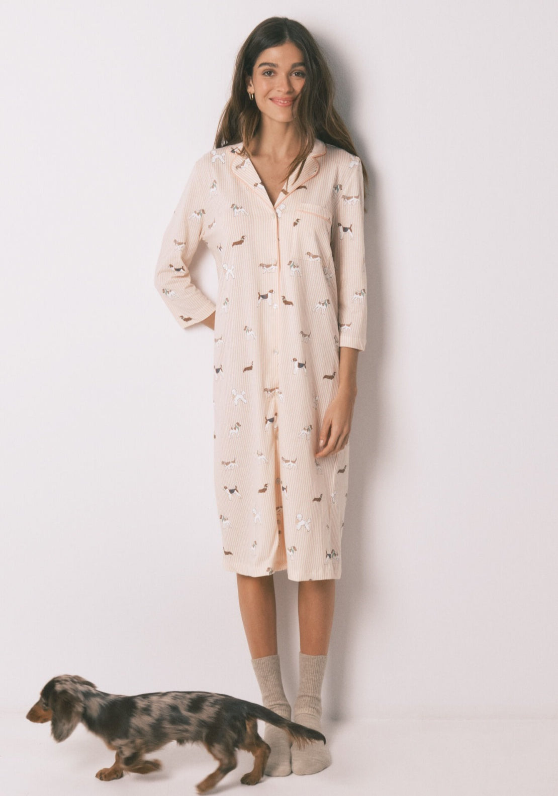 100% Cotton Striped And Dog Print Midi Nightgown - Orange