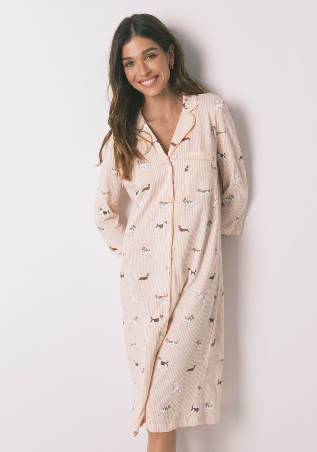 100% Cotton Striped And Dog Print Midi Nightgown - Orange