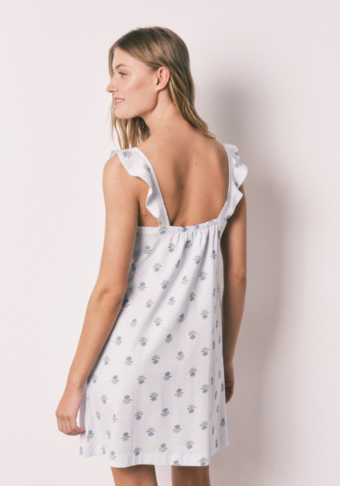 Printed Cotton Short Nightgown - Blue