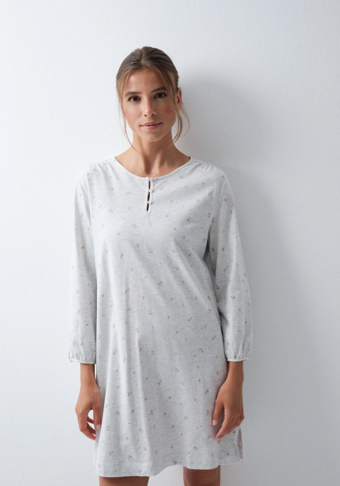 Floral Cotton Short Nightdress - Grey / Silver
