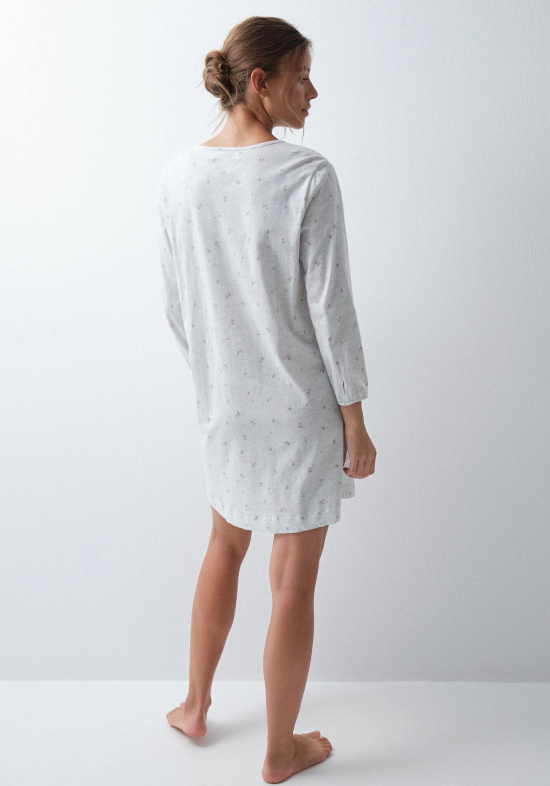 Floral Cotton Short Nightdress - Grey / Silver