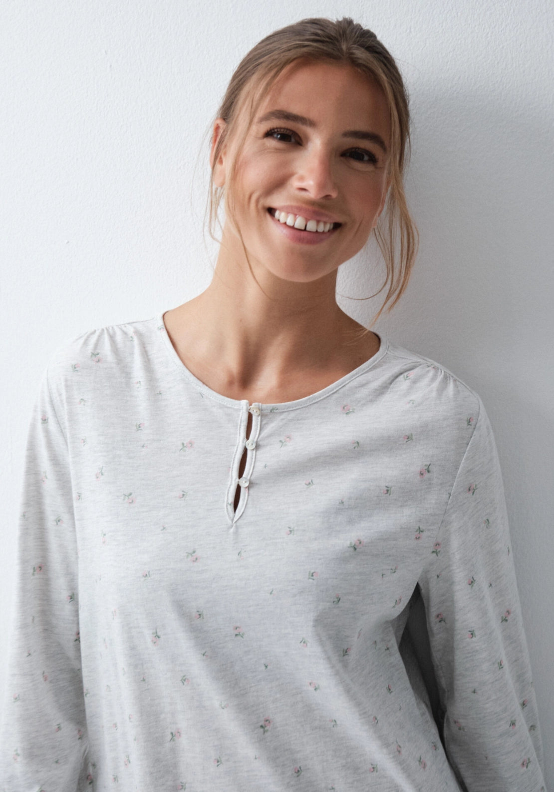 Floral Cotton Short Nightdress - Grey / Silver