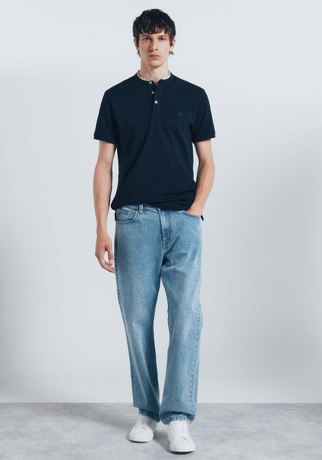 Slim Fit Mandarin Collar Piqué Polo Shirt - Blue