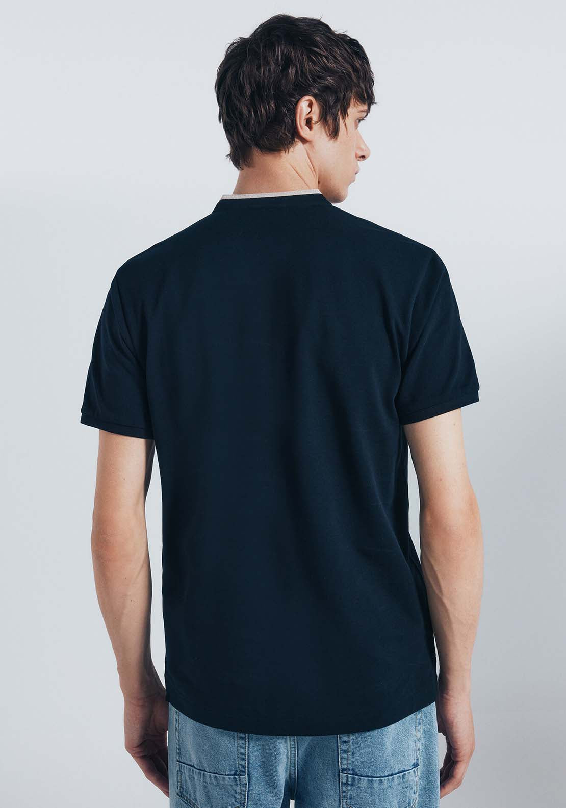 Slim Fit Mandarin Collar Piqué Polo Shirt - Blue