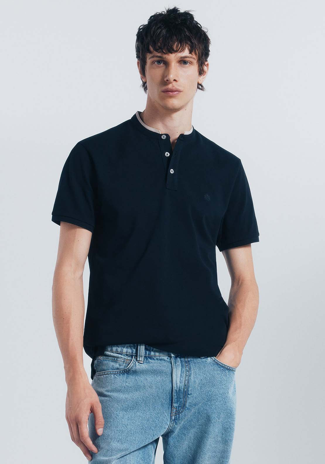 Slim Fit Mandarin Collar Piqué Polo Shirt - Blue