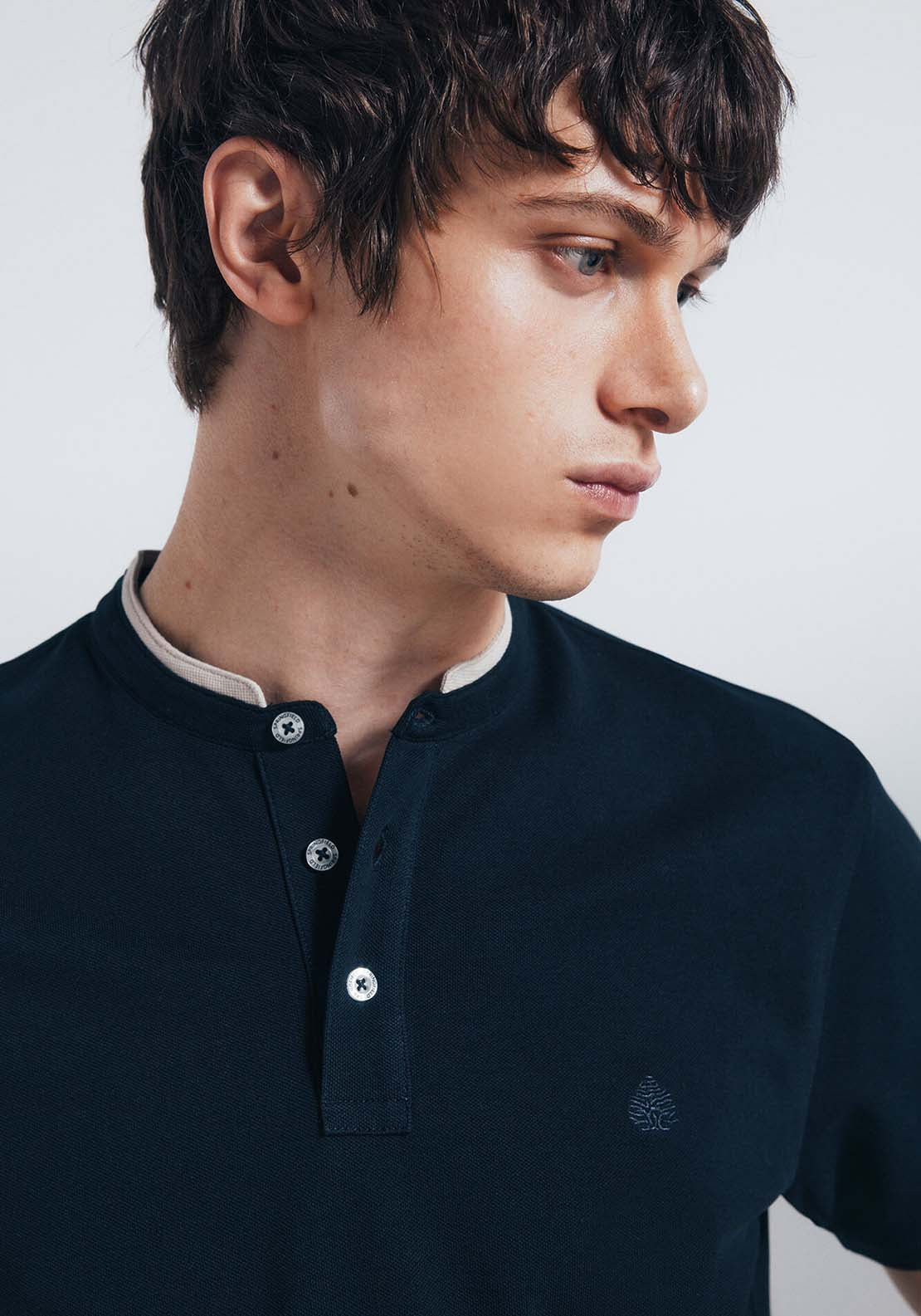 Slim Fit Mandarin Collar Piqué Polo Shirt - Blue