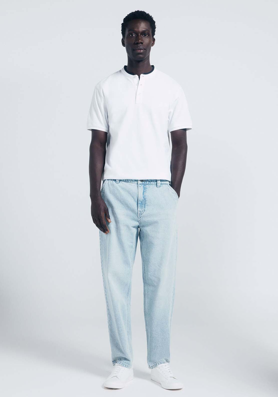 Slim Fit Mandarin Collar Piqué Polo Shirt - White