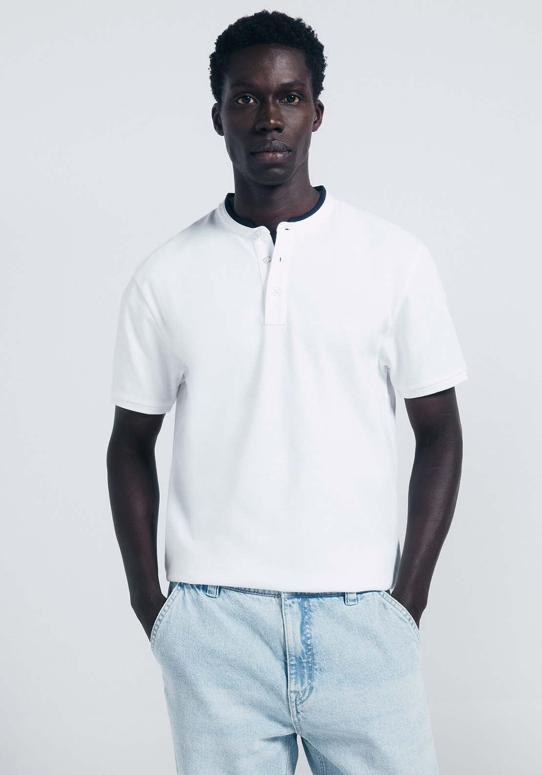 Slim Fit Mandarin Collar Piqué Polo Shirt - White