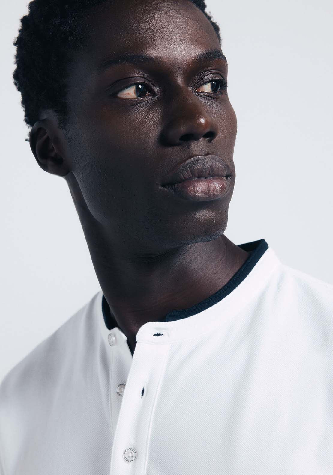 Slim Fit Mandarin Collar Piqué Polo Shirt - White