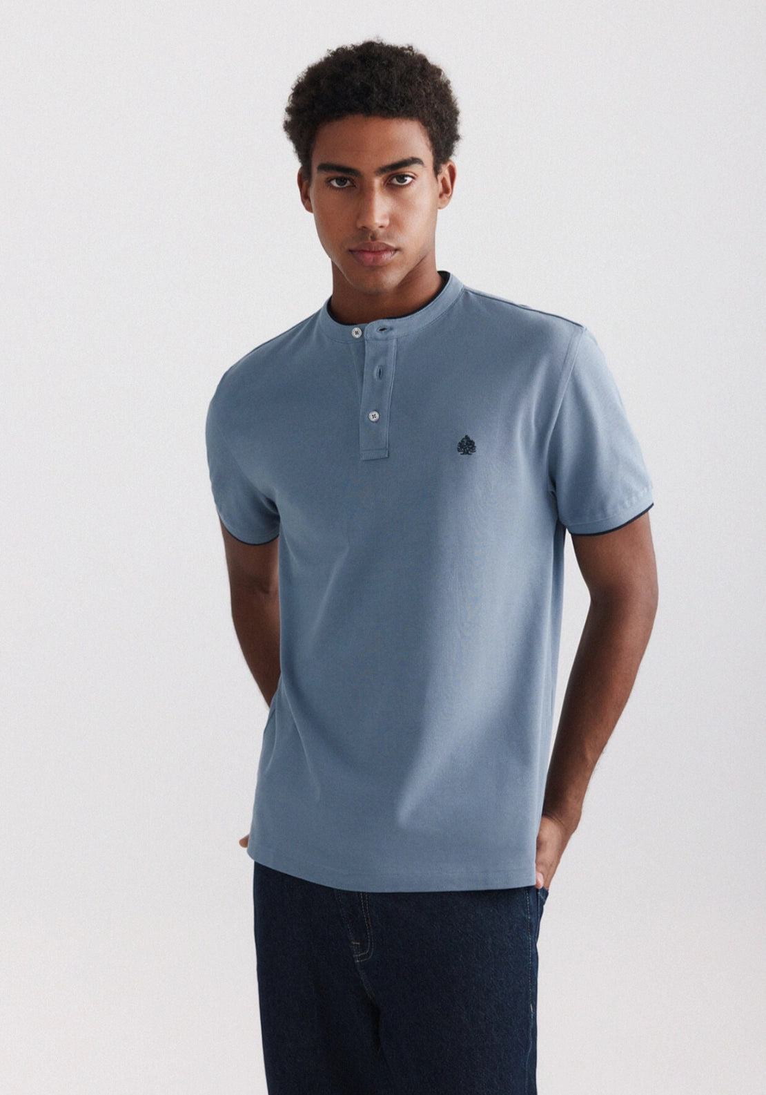 Mao Collar Slim Polo - Blue