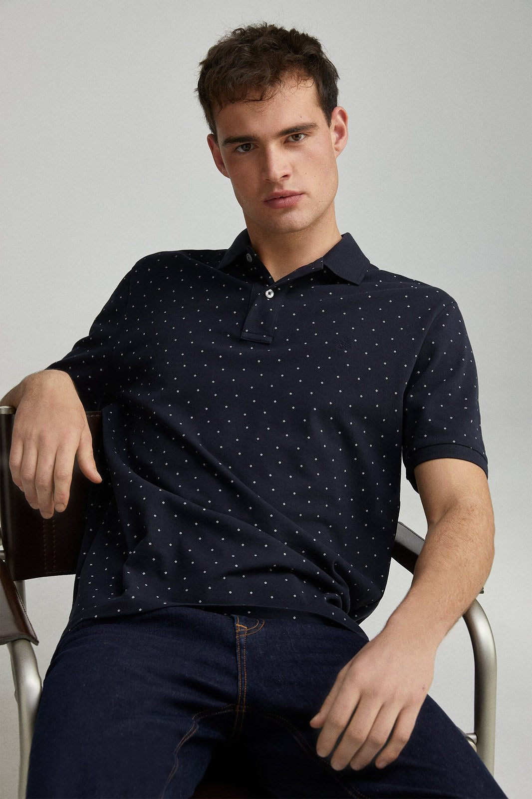 Springfield regular fit all-over print piqué polo - Navy 3 Shaws Department Stores