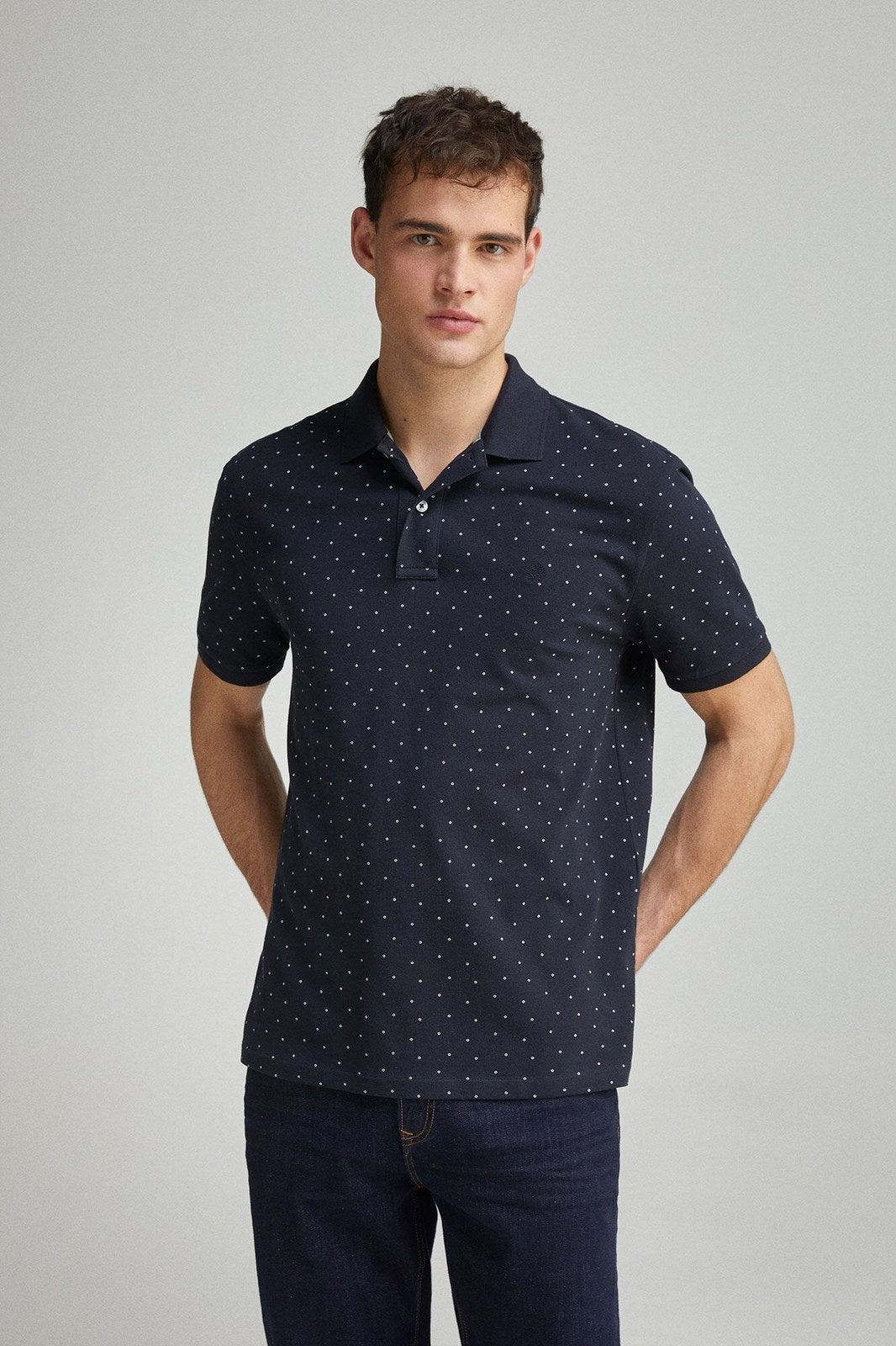 Springfield regular fit all-over print piqué polo - Navy 4 Shaws Department Stores