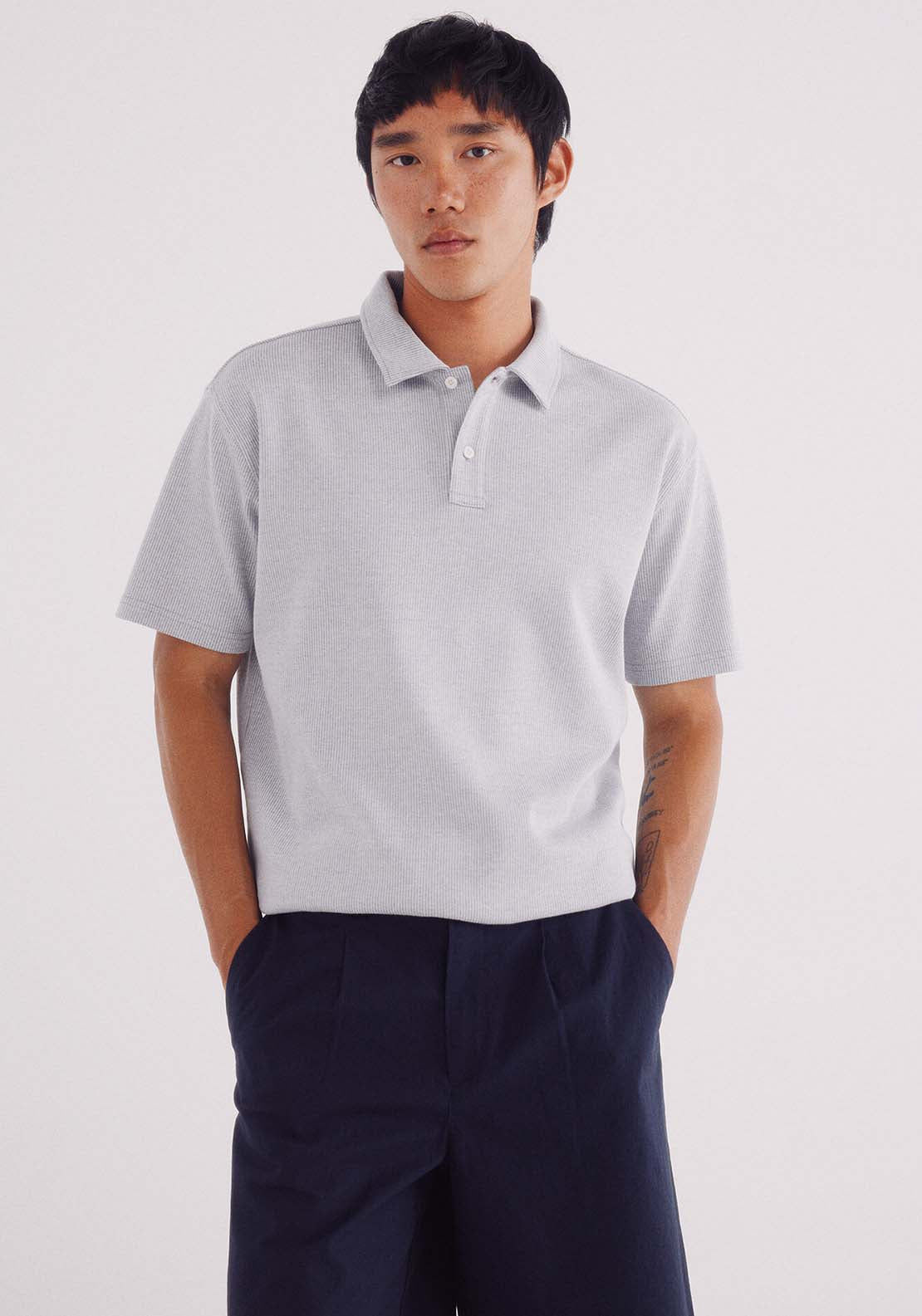Micro-Striped Structured Polo Shirt - Blue