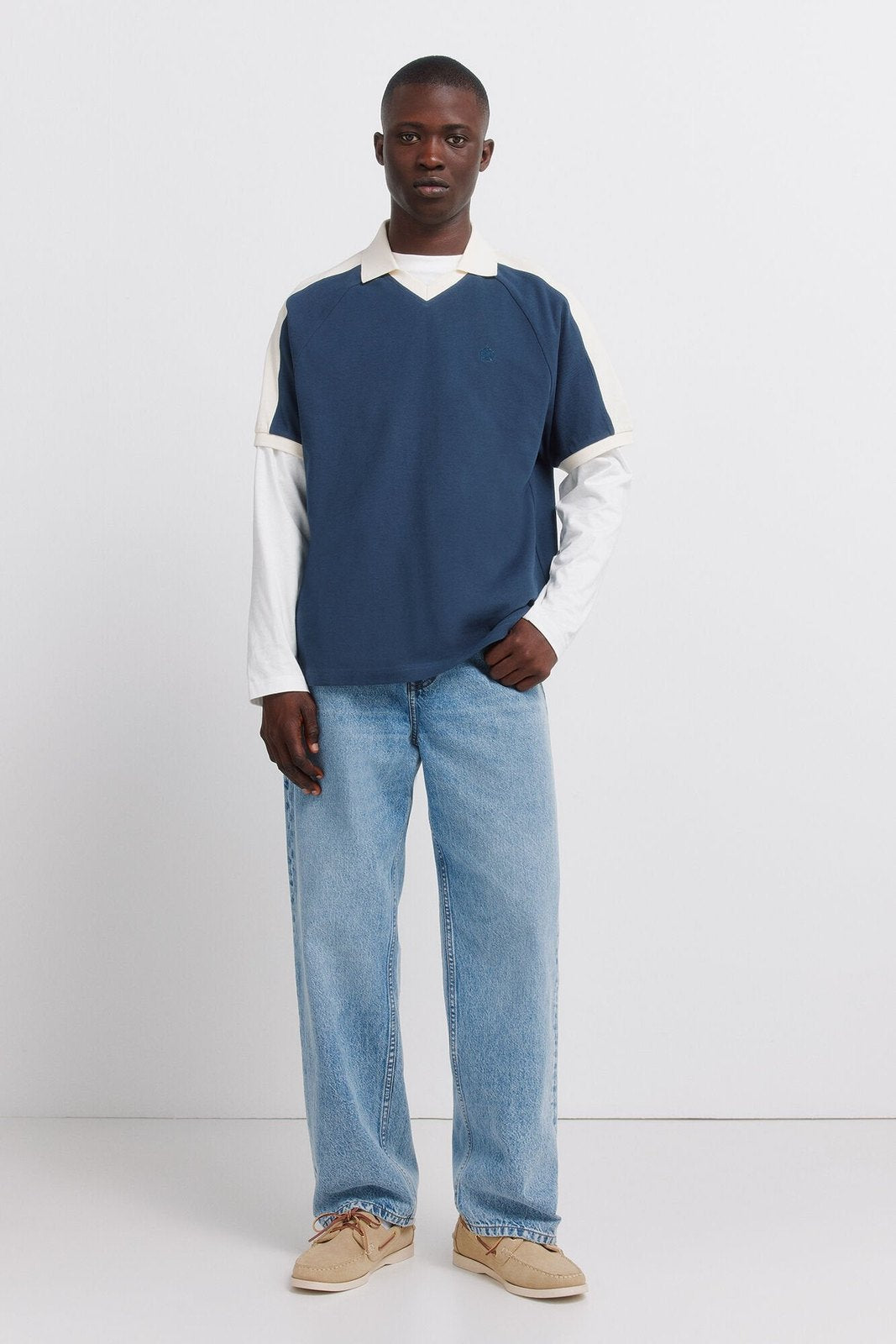 Long Sleeve Sporty Contrast Polo Shirt - Blue