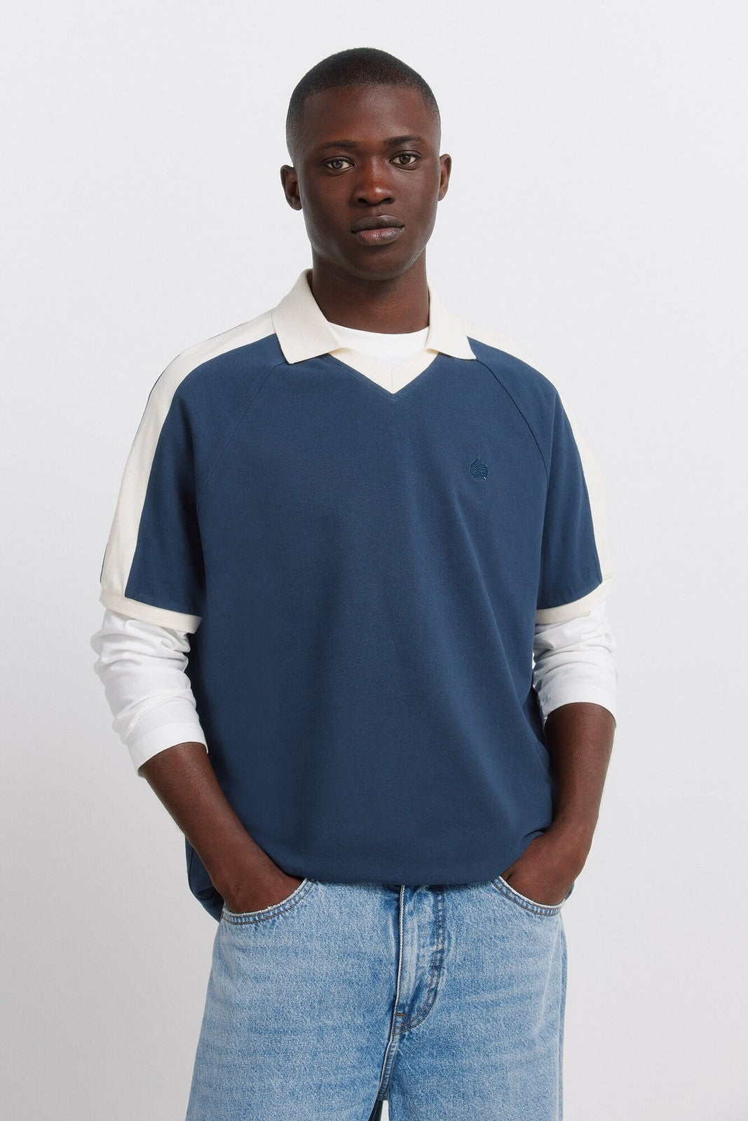 Long Sleeve Sporty Contrast Polo Shirt - Blue