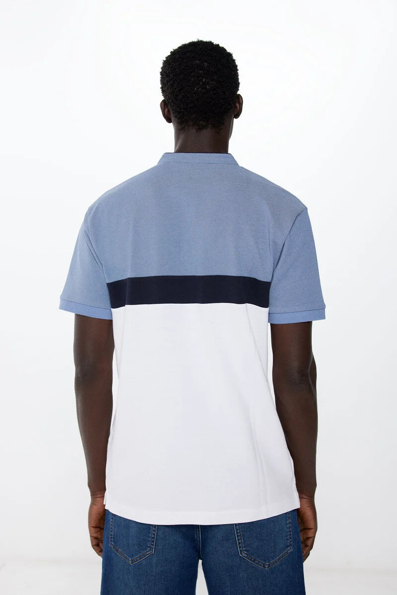 Springfield Slim fit colour block piqué polo shirt - Blue 2 Shaws Department Stores