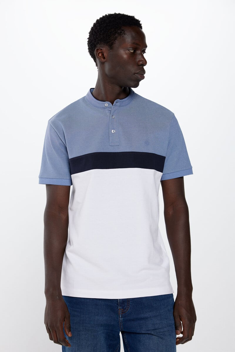 Springfield Slim fit colour block piqué polo shirt - Blue 1 Shaws Department Stores