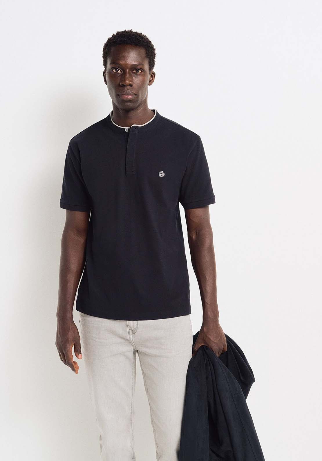 Springfield Regular fit mandarin collar piqué polo shirt - Navy 1 Shaws Department Stores