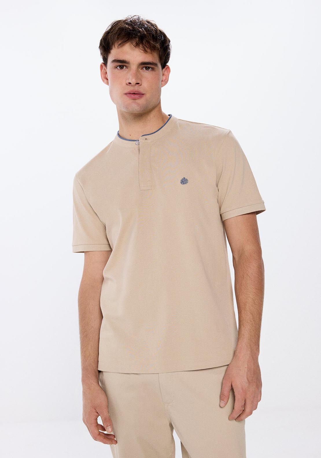 Springfield Regular fit mandarin collar piqué polo shirt - Sand 1 Shaws Department Stores